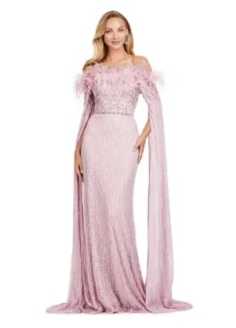 Ashley Lauren 11429 Long Prom Dress Fully Sequin Evening Gown Feathers and Floor Length Sleeves Formal Pageant