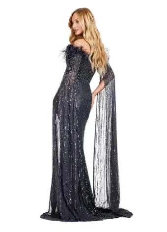 Ashley Lauren 11429 Long Prom Dress Fully Sequin Evening Gown Feathers and Floor Length Sleeves Formal Pageant