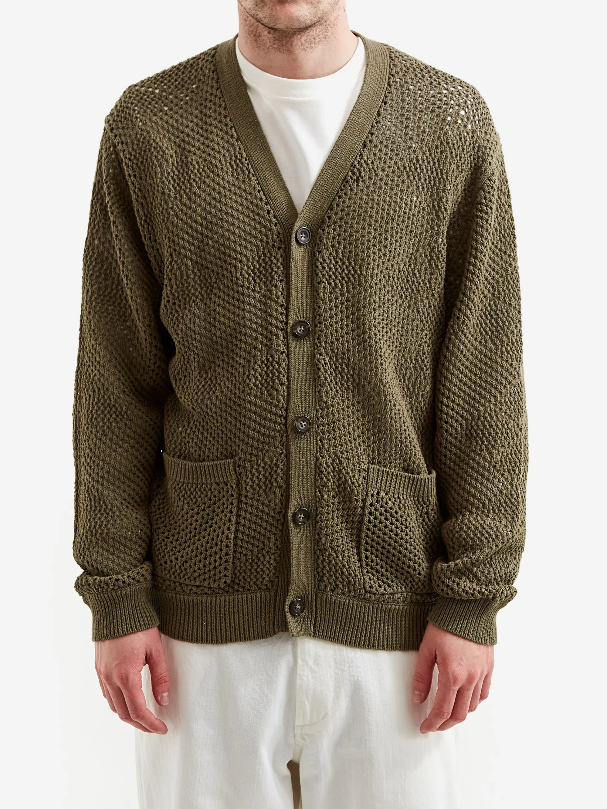 Beams Plus Argyle Mesh Cardigan - Olive