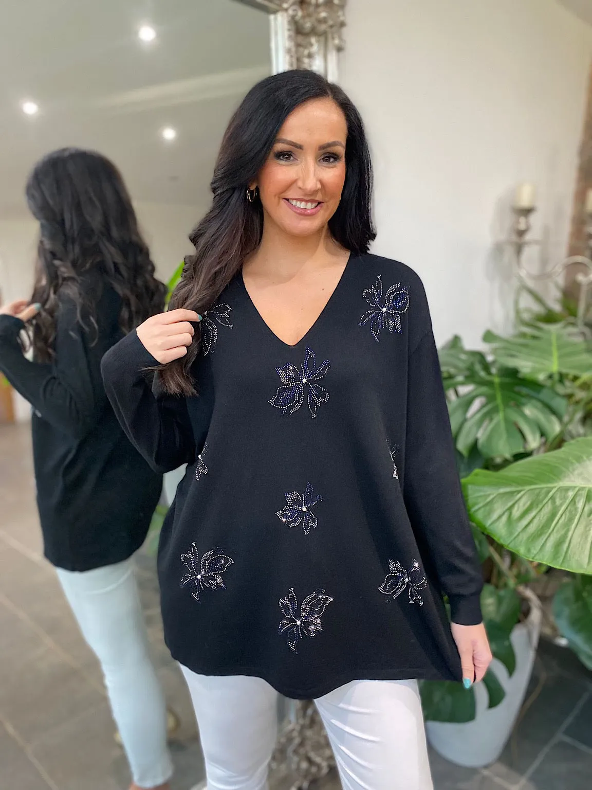 Black Embellished Flower Knit Joanna