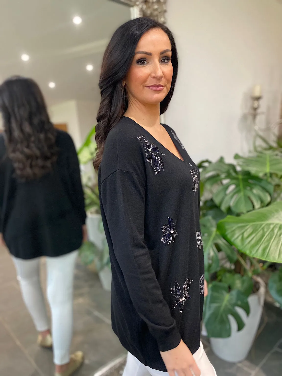 Black Embellished Flower Knit Joanna