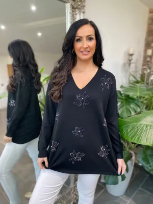 Black Embellished Flower Knit Joanna