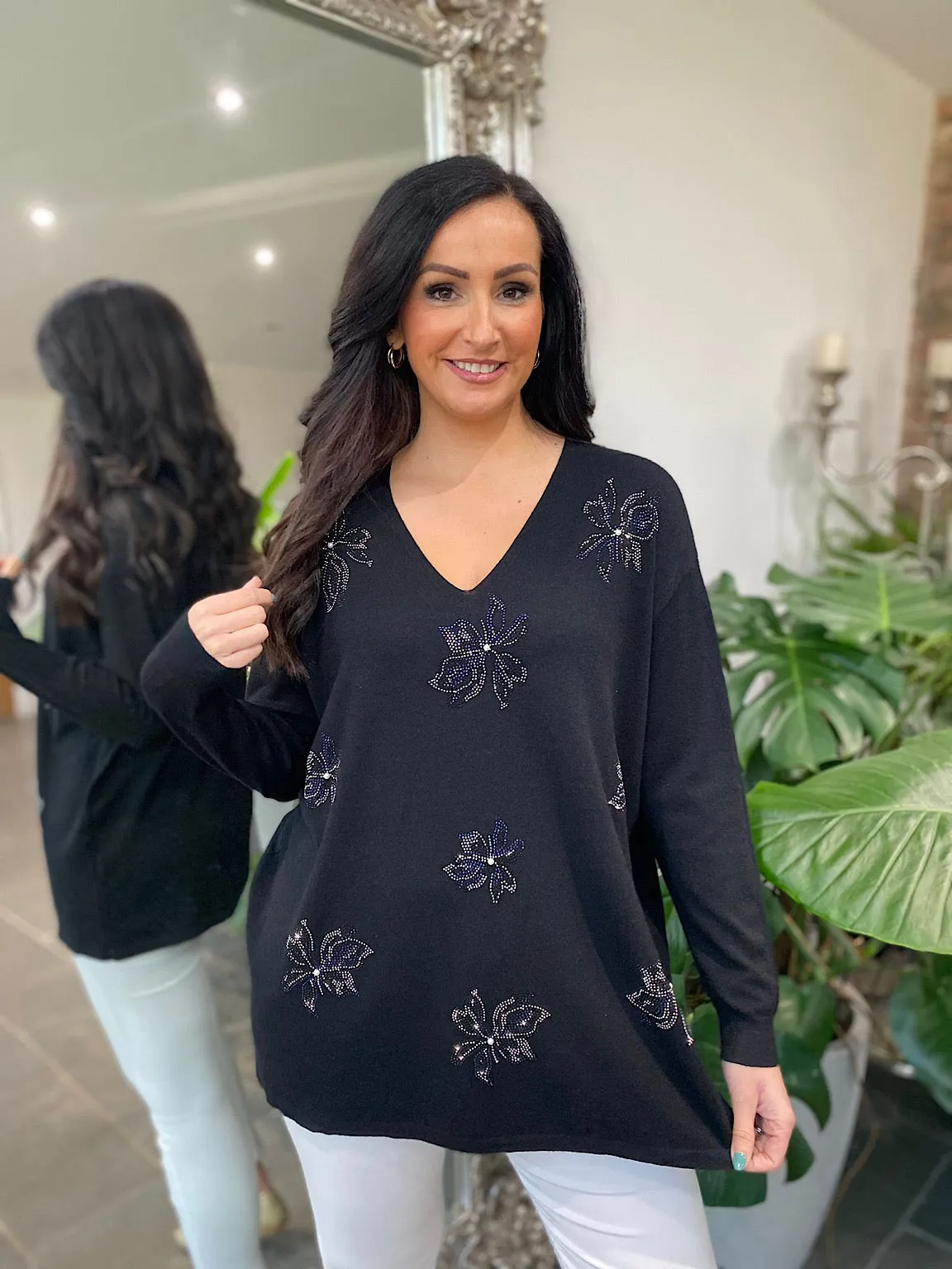 Black Embellished Flower Knit Joanna