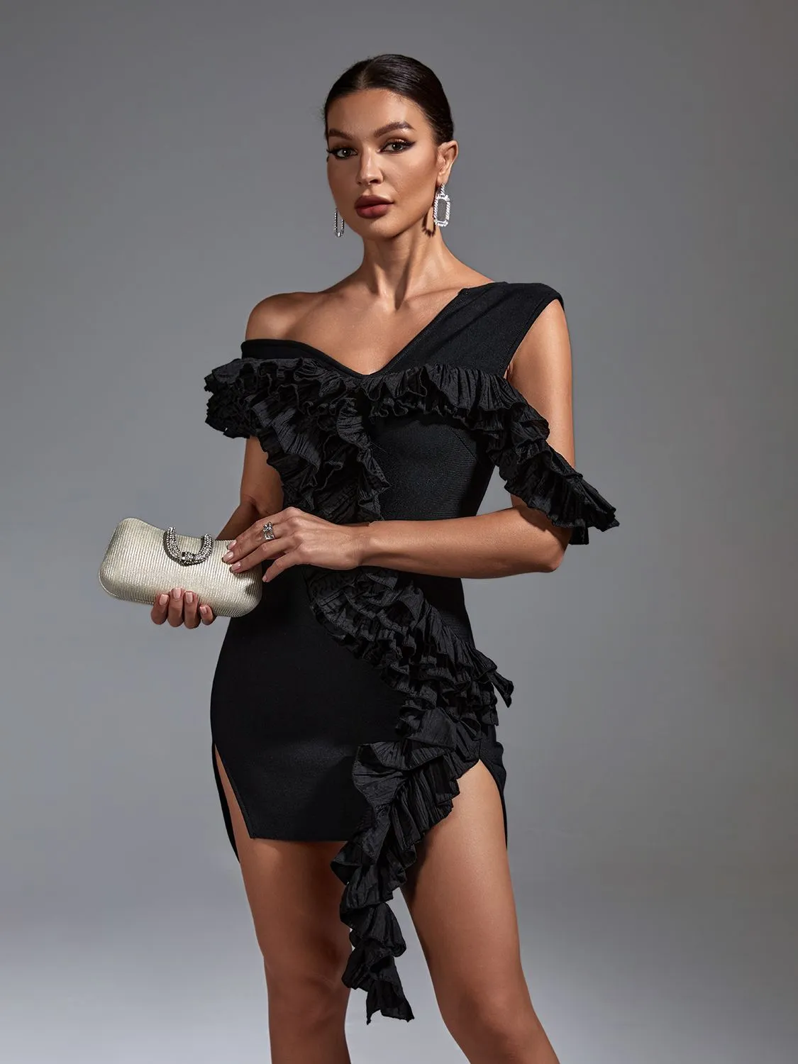 Black Ruffle One Shoulder Bodycon Dress