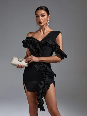 Black Ruffle One Shoulder Bodycon Dress
