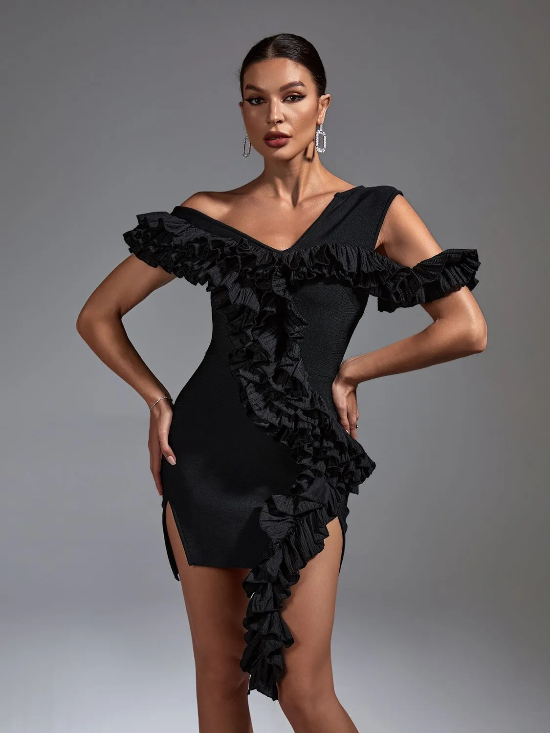 Black Ruffle One Shoulder Bodycon Dress