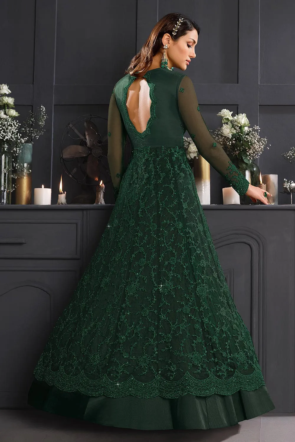 Bottle Green Butterfly Net Wedding Anarkali Suit