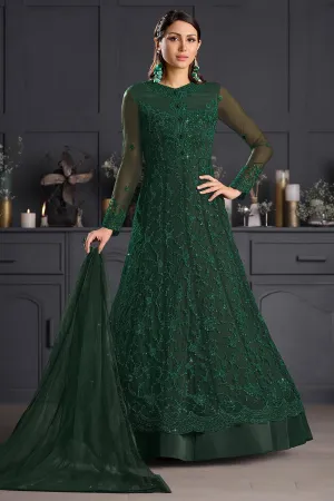 Bottle Green Butterfly Net Wedding Anarkali Suit