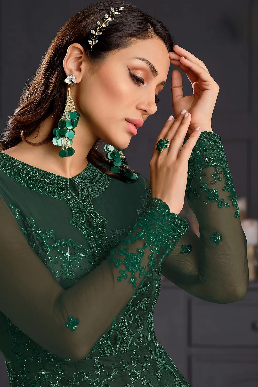 Bottle Green Butterfly Net Wedding Anarkali Suit