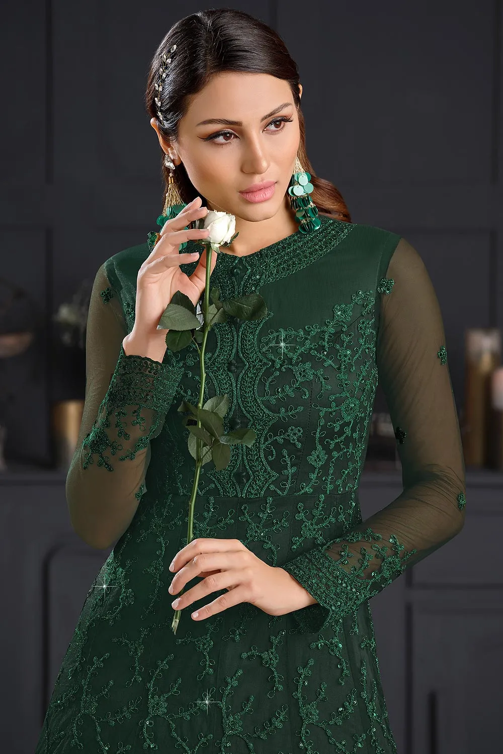 Bottle Green Butterfly Net Wedding Anarkali Suit