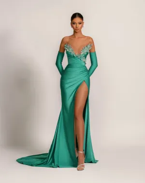 Briana Elegant Off-Shoulder With Gloves Green Evening Dress