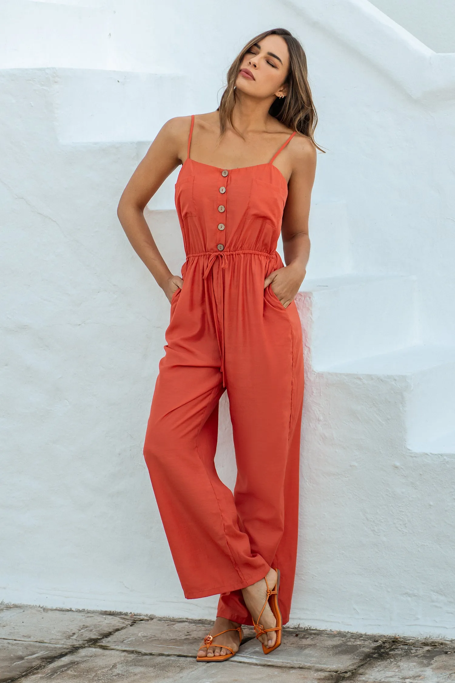 Buttoned Drawstring Cami Jumpsuit