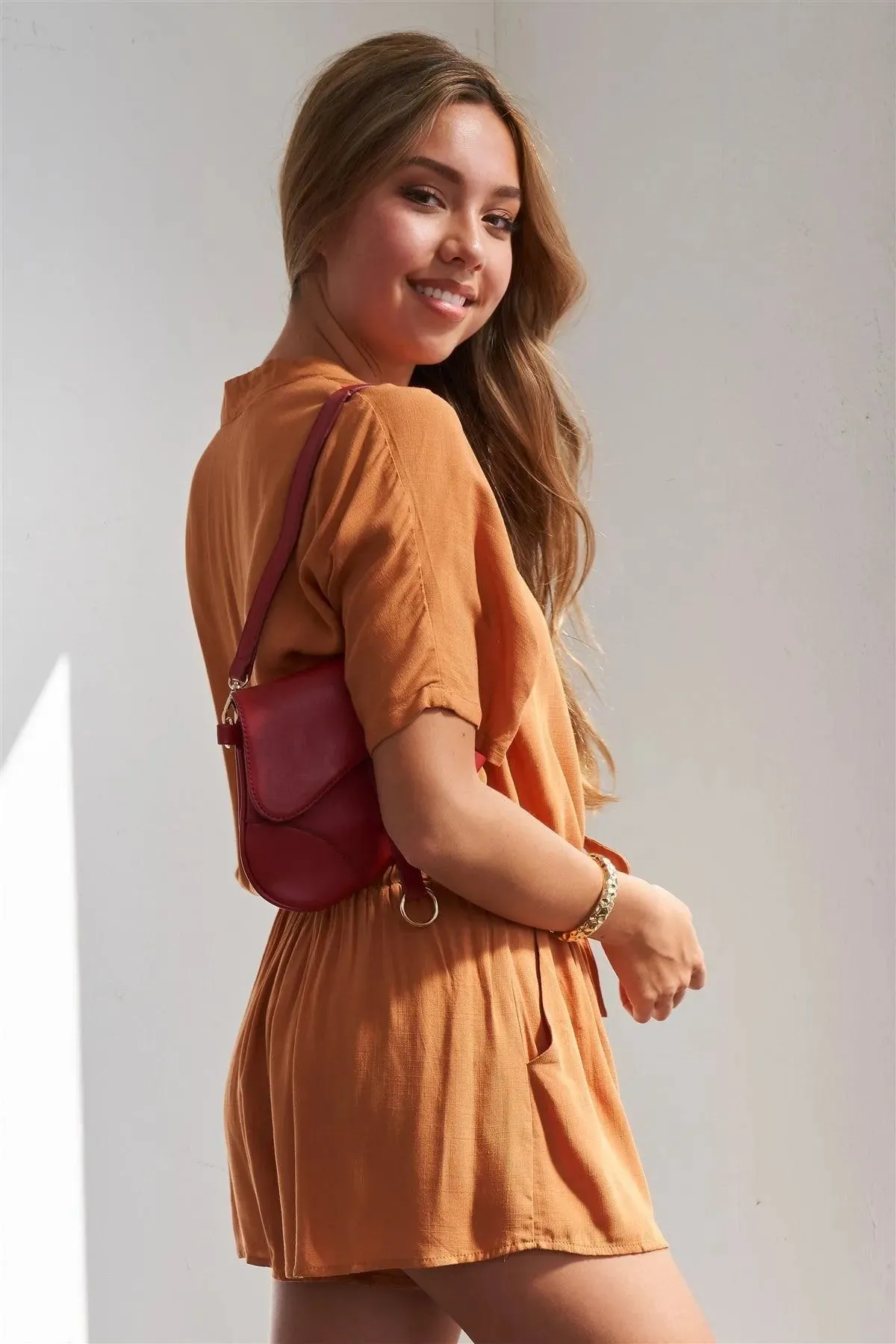 Caramel Relaxed Fit Front Tie Short Sleeve Romper