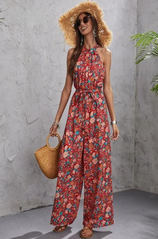 CHICMY- Print Hanging Neck Sleeveless Casual Tube Wide Leg Jumpsuit