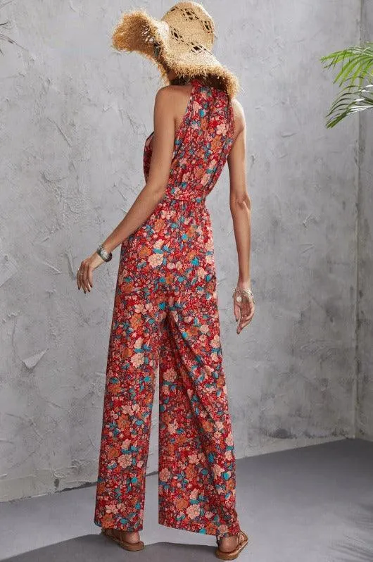 CHICMY- Print Hanging Neck Sleeveless Casual Tube Wide Leg Jumpsuit