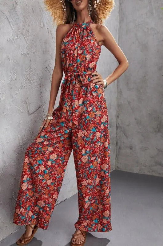 CHICMY- Print Hanging Neck Sleeveless Casual Tube Wide Leg Jumpsuit