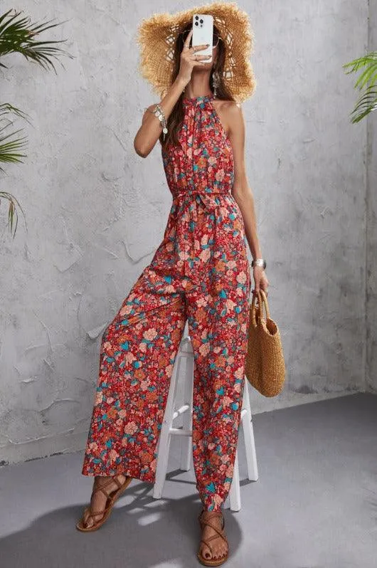 CHICMY- Print Hanging Neck Sleeveless Casual Tube Wide Leg Jumpsuit