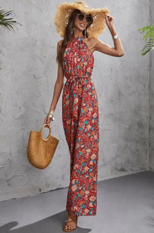 CHICMY- Print Hanging Neck Sleeveless Casual Tube Wide Leg Jumpsuit