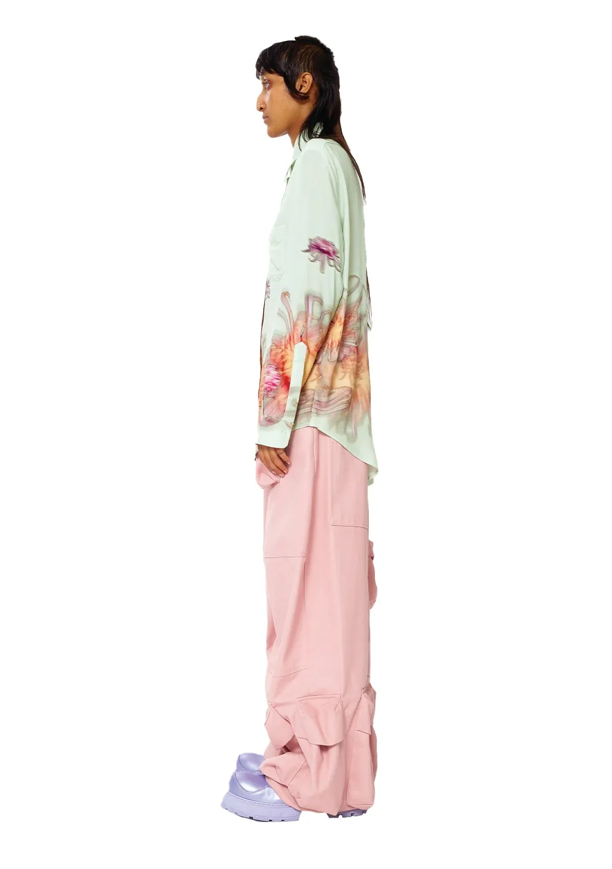 Collina Strada - Rose Sylk Convention Button Up: Mint Chrysanthemum