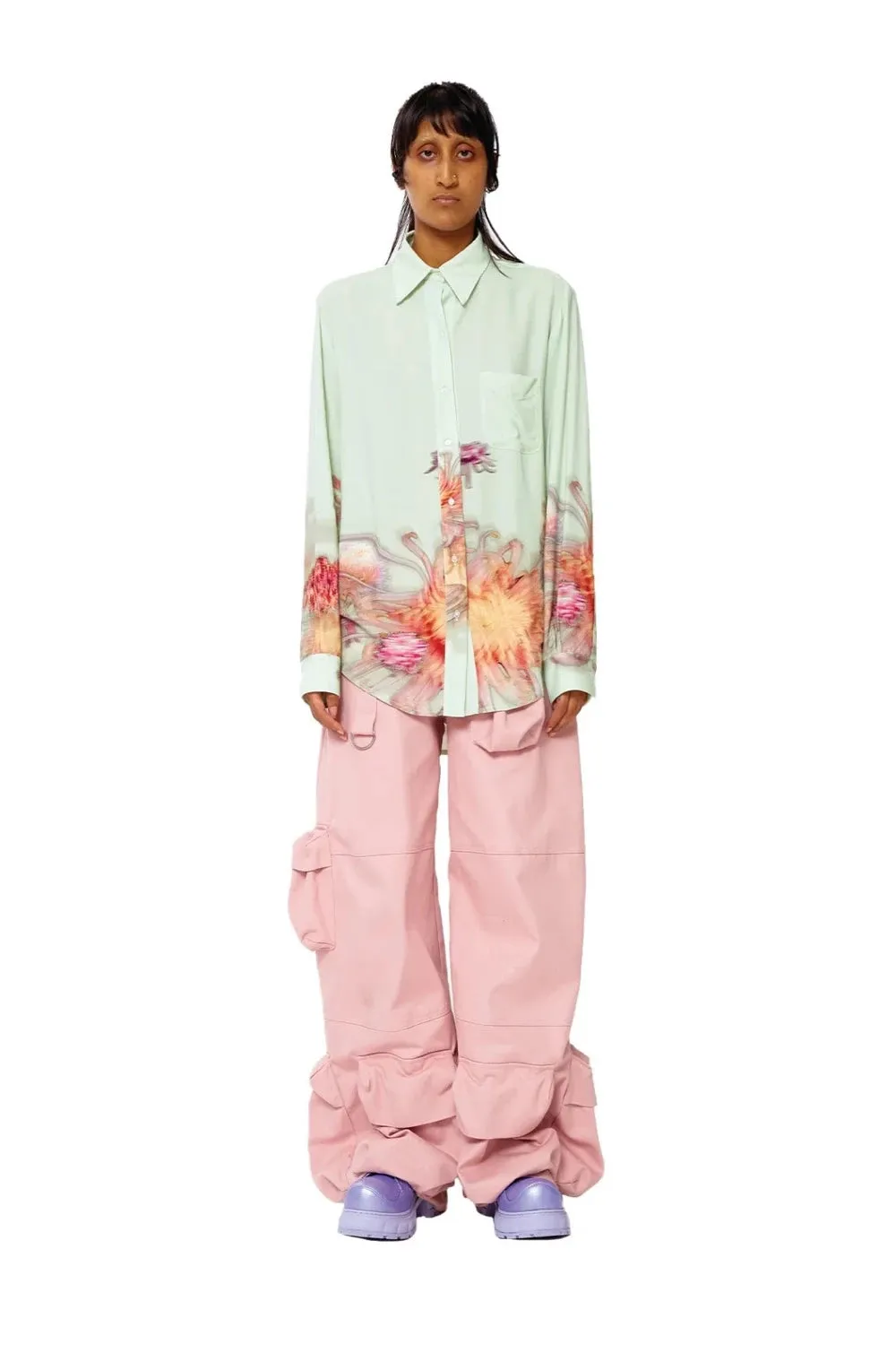 Collina Strada - Rose Sylk Convention Button Up: Mint Chrysanthemum