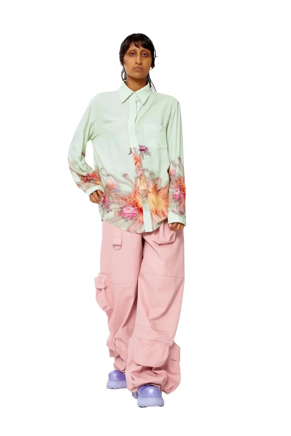 Collina Strada - Rose Sylk Convention Button Up: Mint Chrysanthemum
