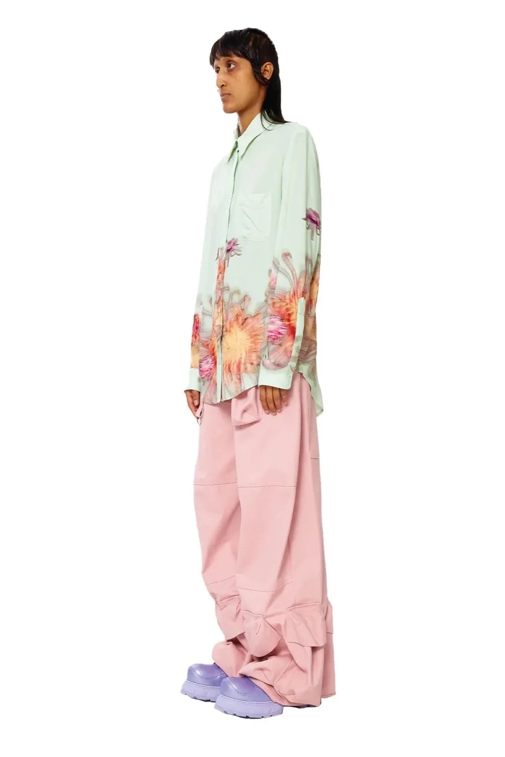 Collina Strada - Rose Sylk Convention Button Up: Mint Chrysanthemum