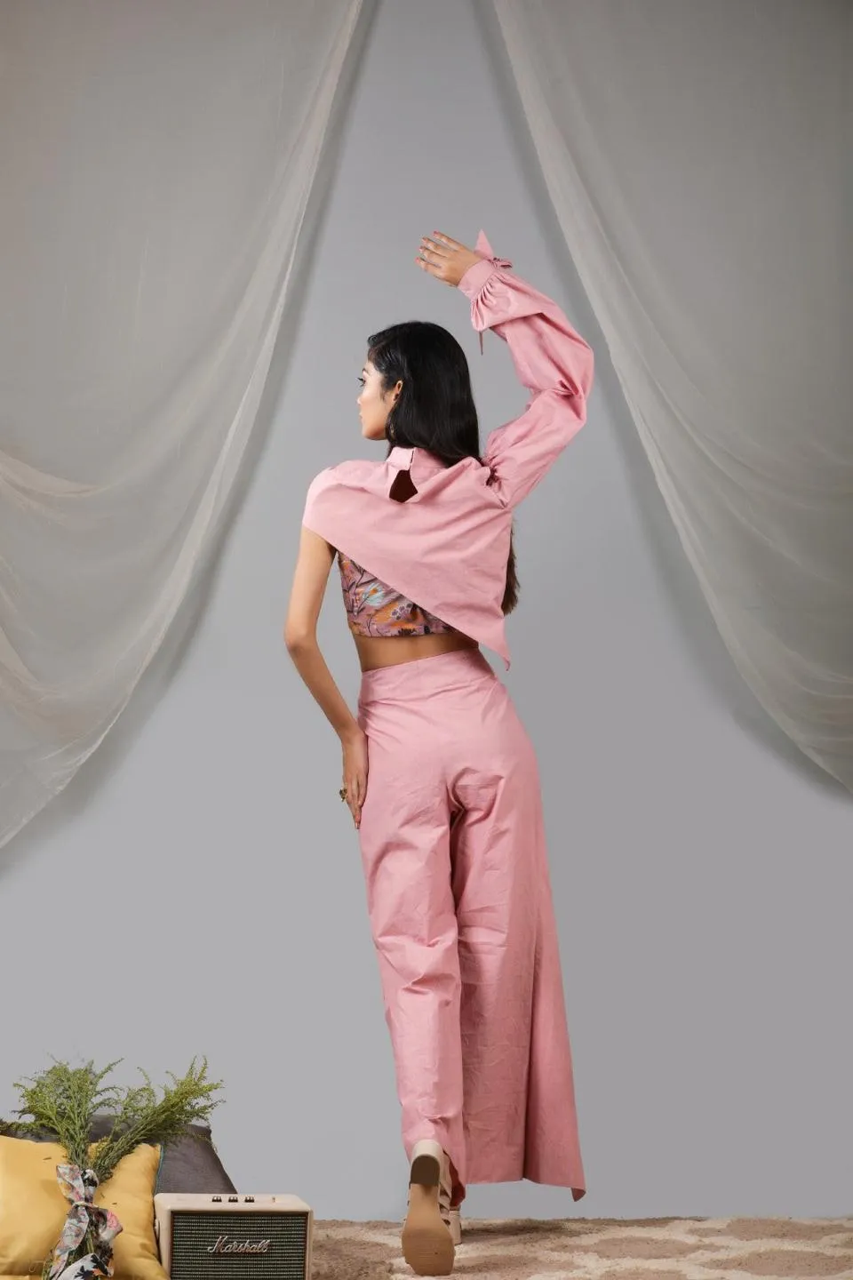 Coral Blush Off Shoulder High Low Jacket With Flap Pant And Blouse Set