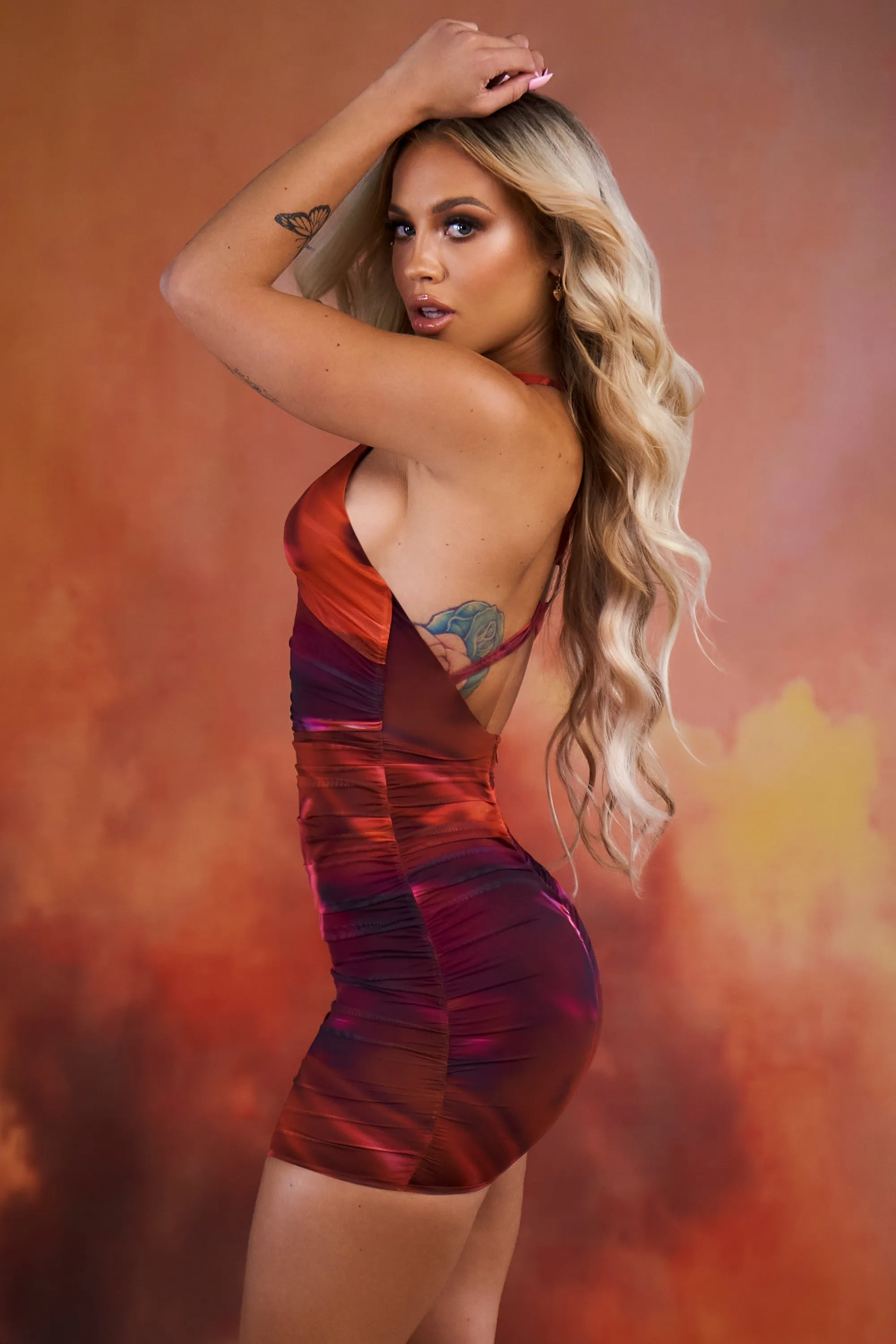 Crossover Ruched Mesh Mini Dress in Orange