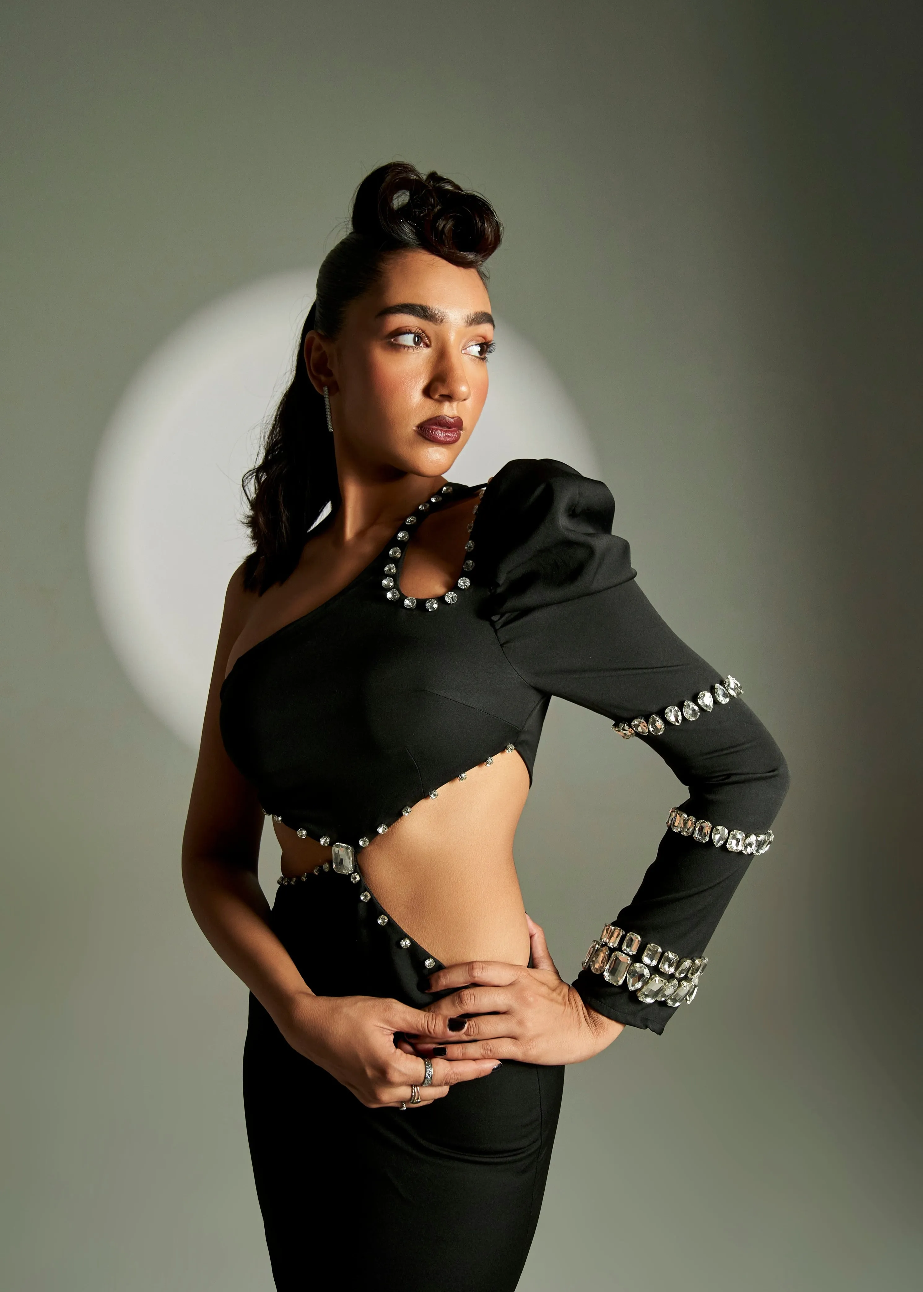Elara Black Hand-Embellished Cutout One-Shoulder Mini Dress