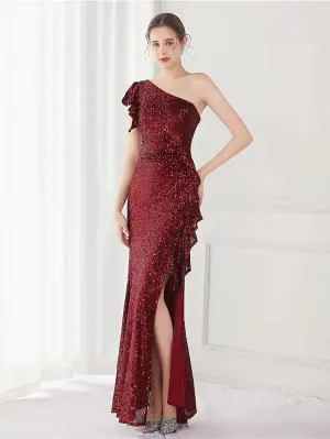 Elegant Sexy Wedding Guest Formal Evening Dress One Shoulder V Back Sleeveless Floor Length Sequined with Sequin Slit