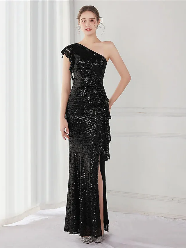 Elegant Sexy Wedding Guest Formal Evening Dress One Shoulder V Back Sleeveless Floor Length Sequined with Sequin Slit
