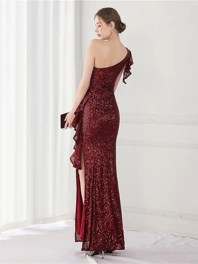 Elegant Sexy Wedding Guest Formal Evening Dress One Shoulder V Back Sleeveless Floor Length Sequined with Sequin Slit
