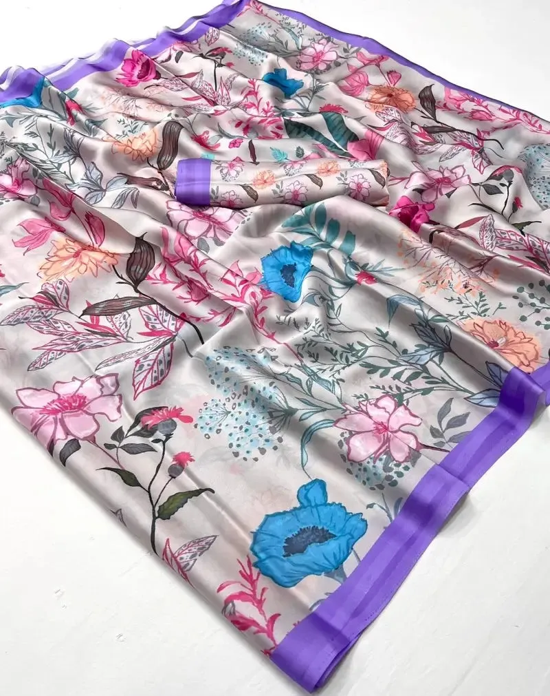Enticing Baby Pink Digital Floral Print Satin Saree