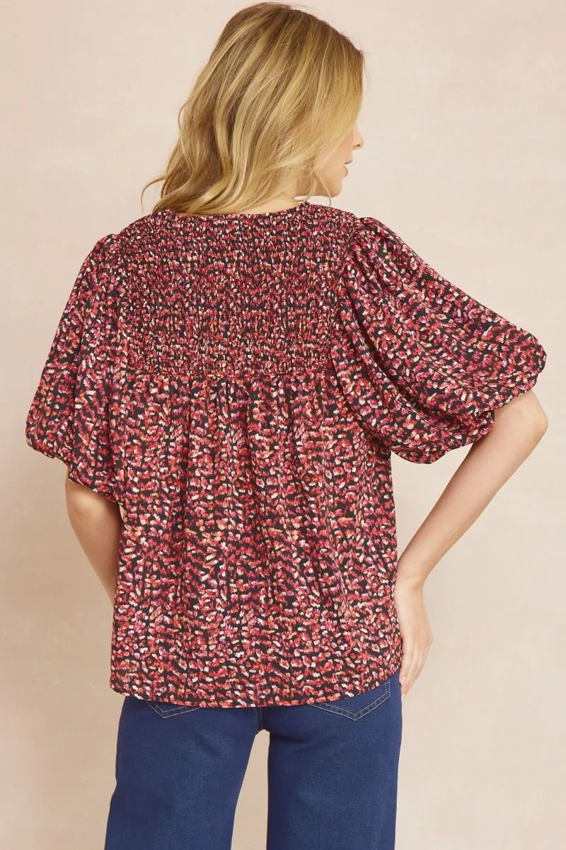 Entro Black Printed V-Neck Half Sleeve Top Featuring Self Tie At Front