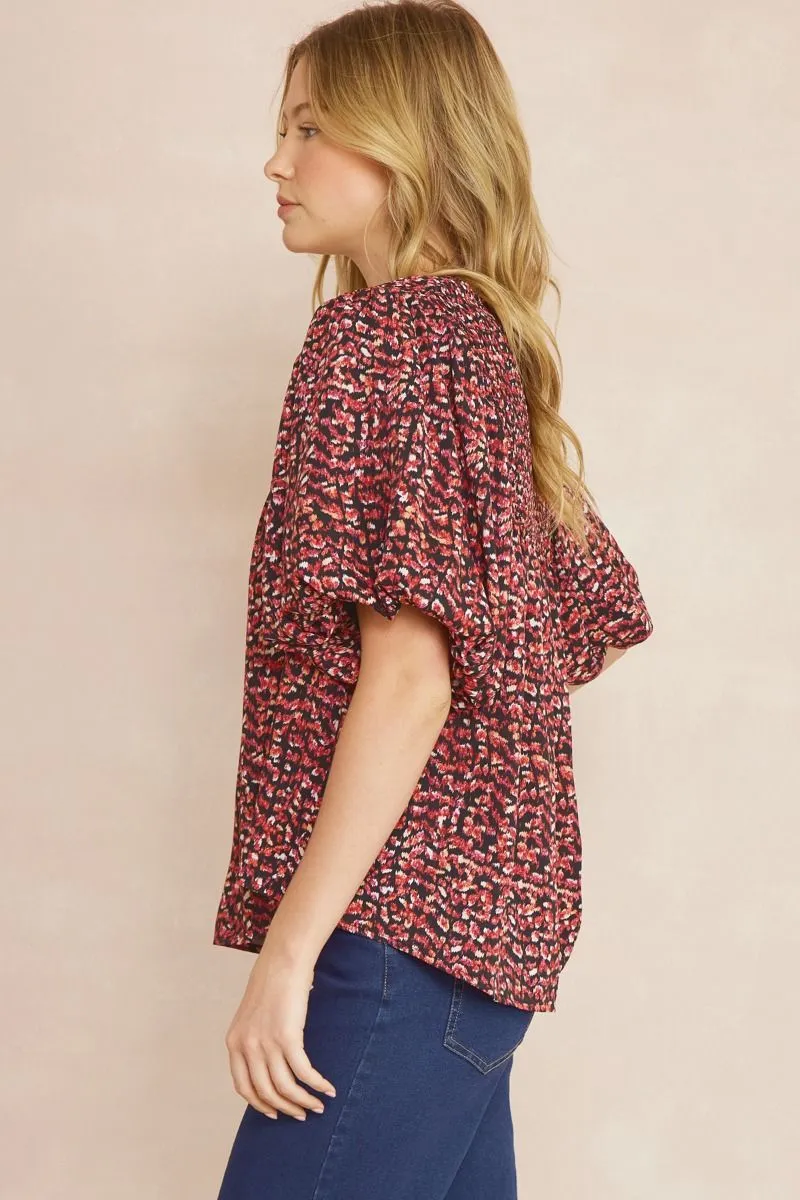 Entro Black Printed V-Neck Half Sleeve Top Featuring Self Tie At Front