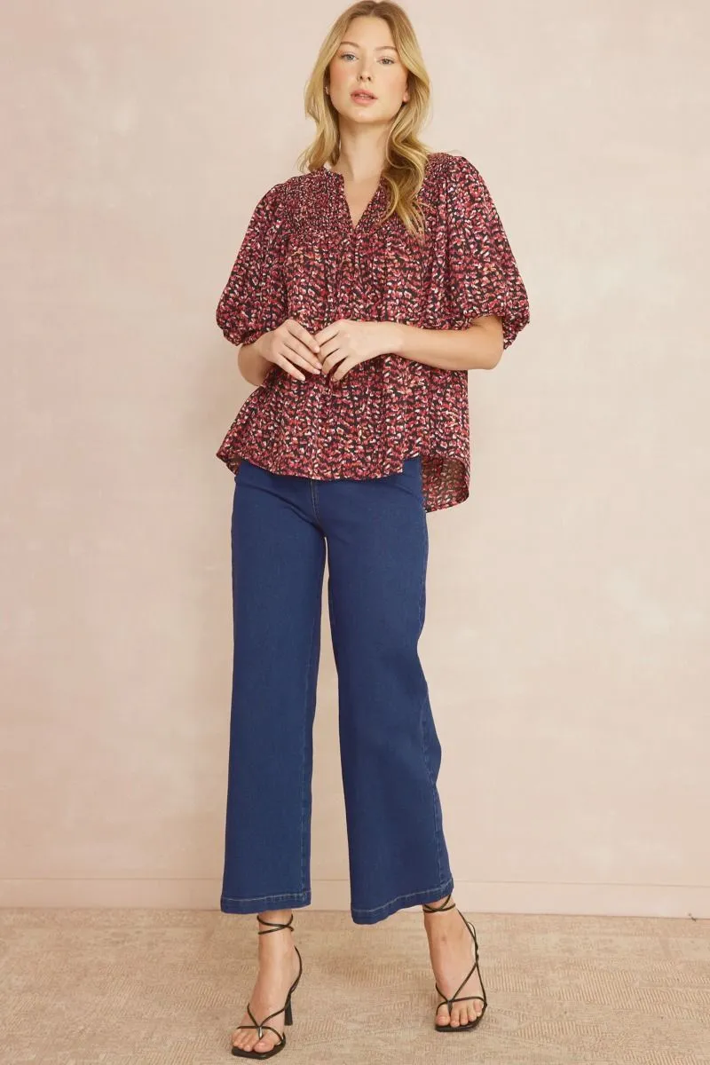 Entro Black Printed V-Neck Half Sleeve Top Featuring Self Tie At Front