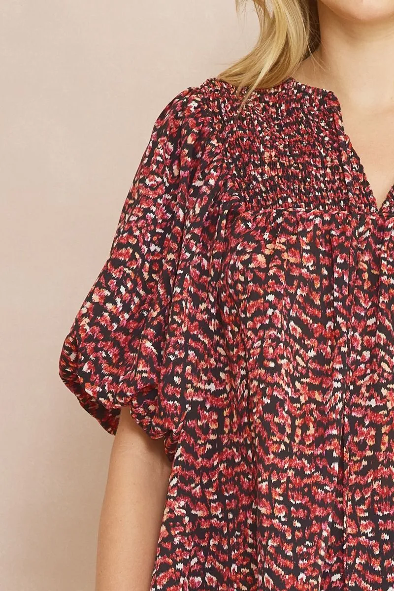 Entro Black Printed V-Neck Half Sleeve Top Featuring Self Tie At Front