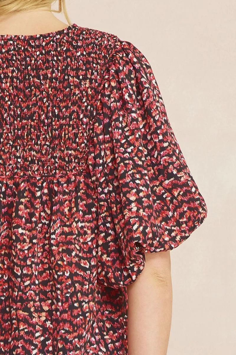 Entro Black Printed V-Neck Half Sleeve Top Featuring Self Tie At Front