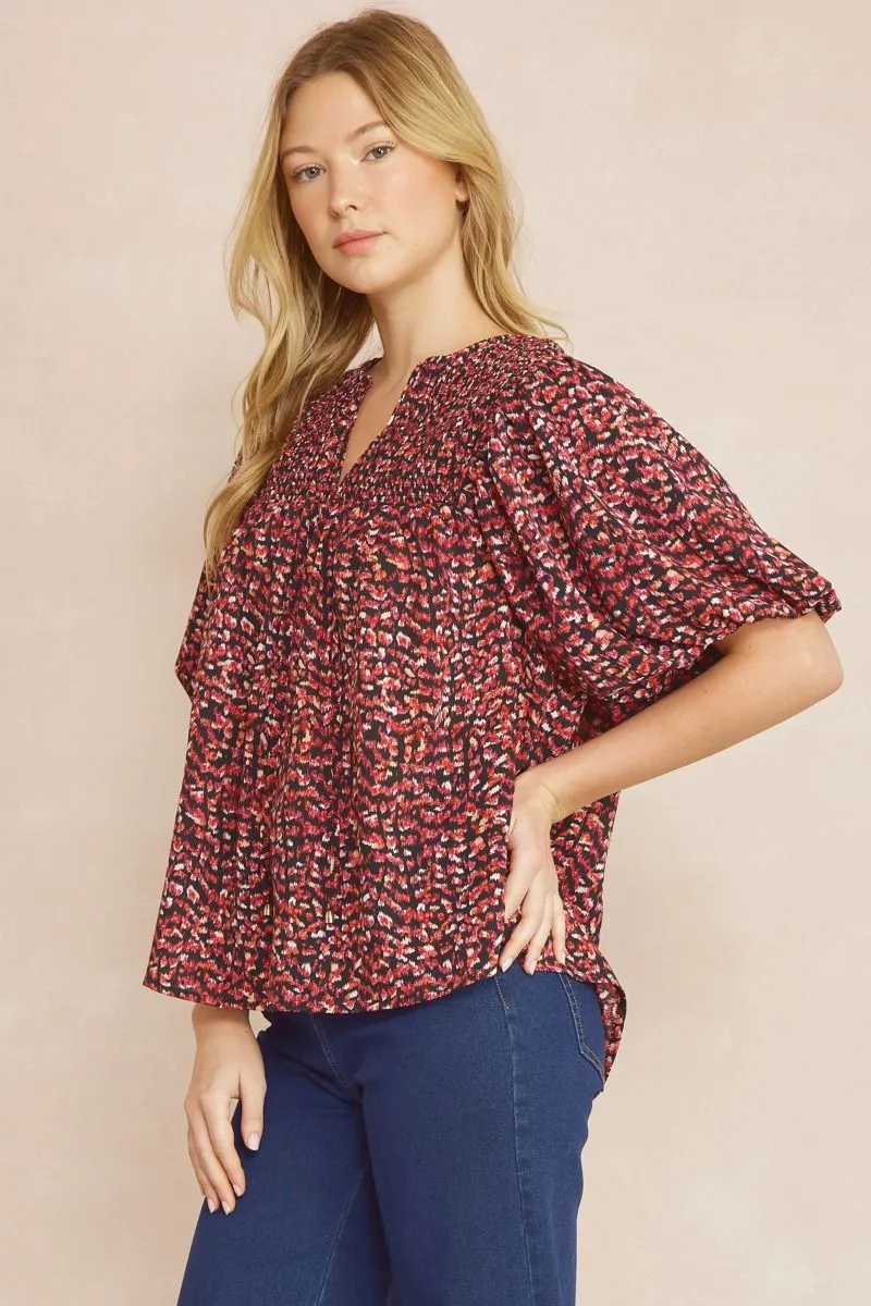 Entro Black Printed V-Neck Half Sleeve Top Featuring Self Tie At Front