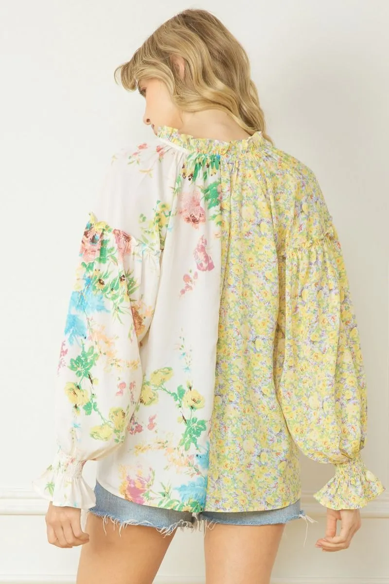 Entro Lemon And Green Floral Contrast Print V-Neck Blouse