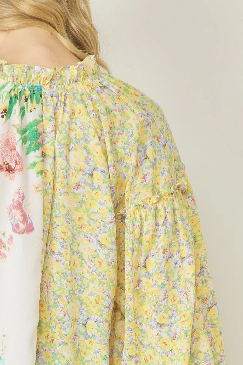 Entro Lemon And Green Floral Contrast Print V-Neck Blouse
