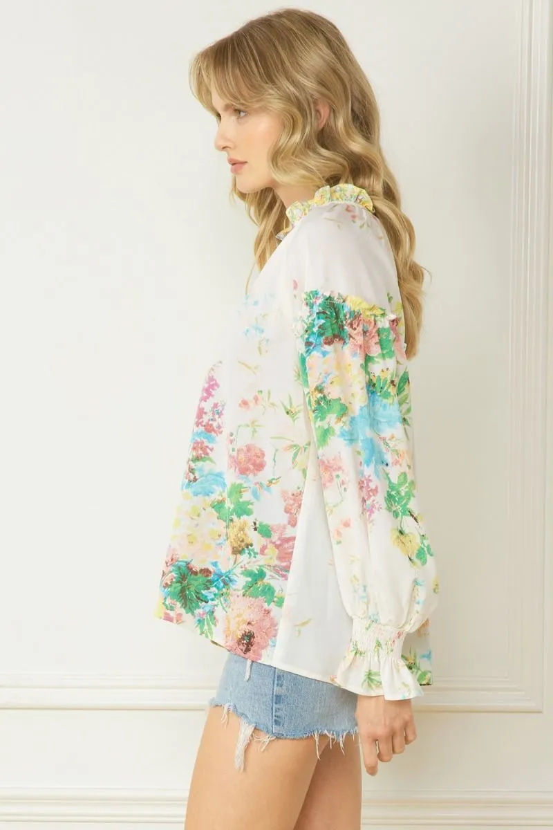 Entro Lemon And Green Floral Contrast Print V-Neck Blouse