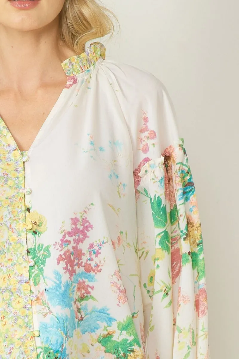 Entro Lemon And Green Floral Contrast Print V-Neck Blouse