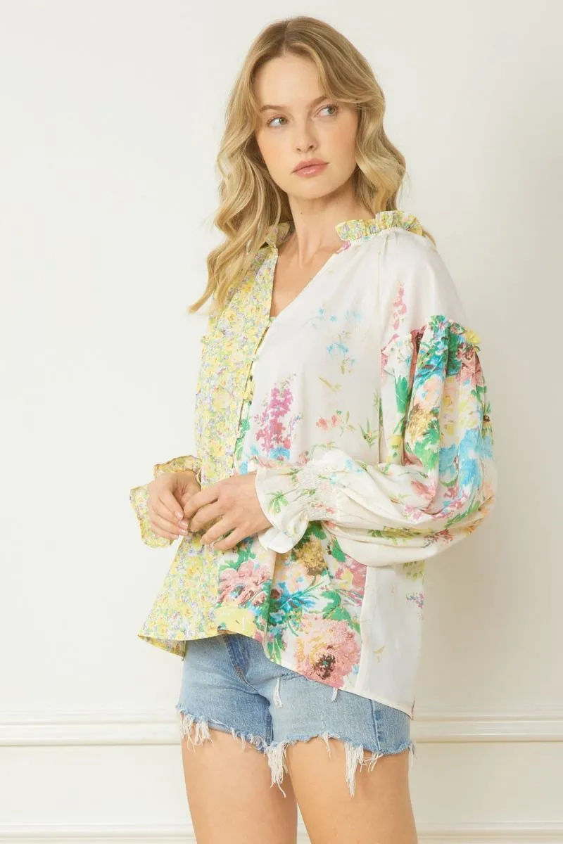 Entro Lemon And Green Floral Contrast Print V-Neck Blouse