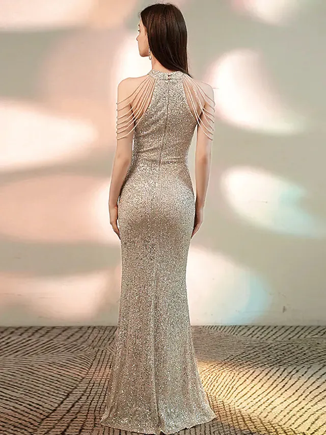 Evening Gown Sparkle Dress Party Wear Floor Length Sleeveless Halter Sequined with Beading Sequin