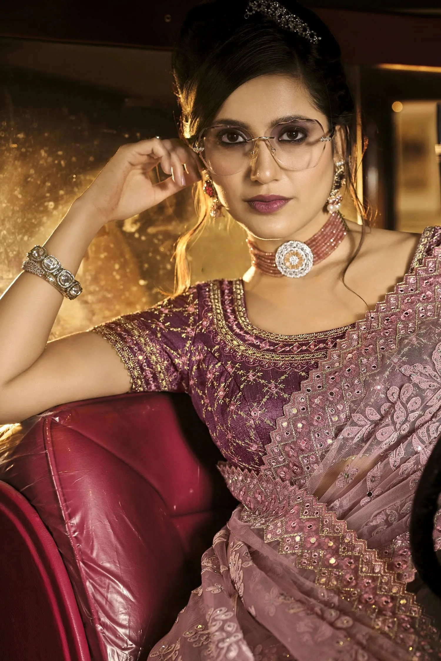Fancy Dusty Pink Net Designer Saree