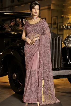 Fancy Dusty Pink Net Designer Saree
