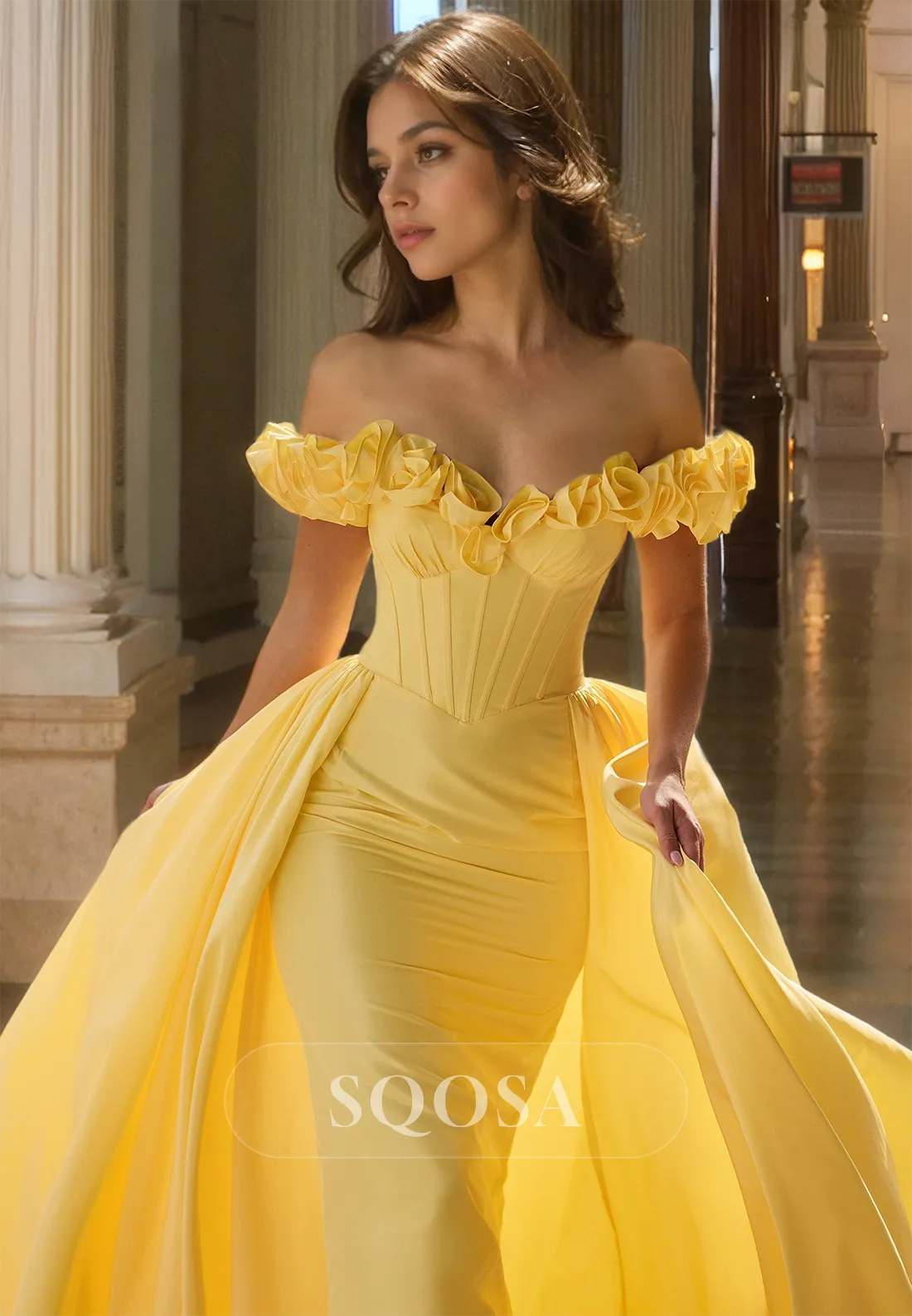 Floral Embossed Sweetheart Off-Shoulder Party Gowns Pleated Satin Mermaid Prom Dress with Overskirt