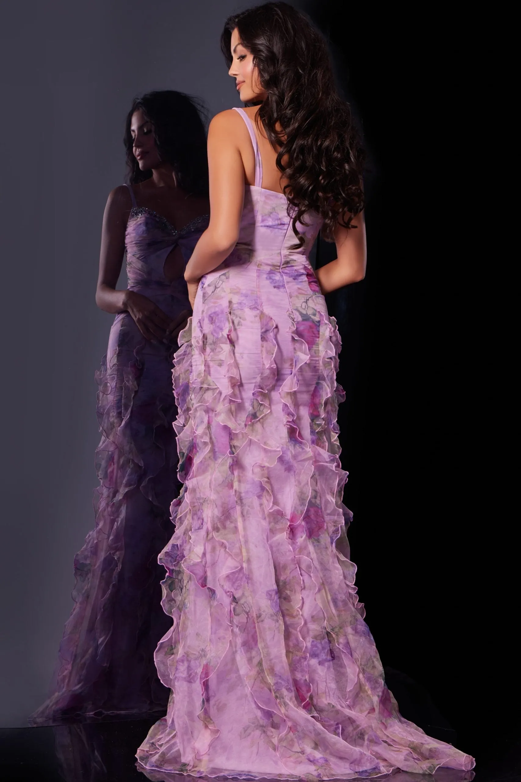 Floral Print Fitted Sleeveless Slit Gown by Jovani D5113
