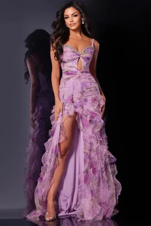 Floral Print Fitted Sleeveless Slit Gown by Jovani D5113